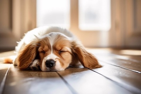 Young dog sleeping on hardwood floor. KI generiert, generiert, AI generated