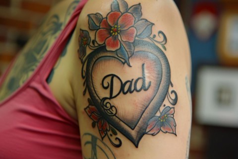 Red heart shaped tattoo with text 'Dad' on wpman's upper arm. KI generiert, generiert, AI generated
