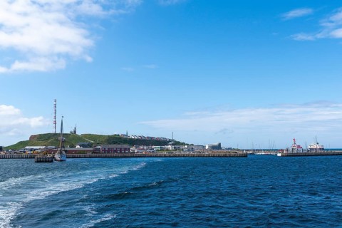 View from south-west to the offshore island Helgoland, harbour facilities, three-masted gaff