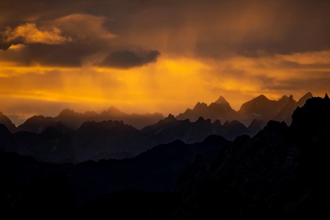 Montafon mountains with dramatic cloudy sky at sunrise, Tschagguns, Rätikon, Montafon, Vorarlberg,