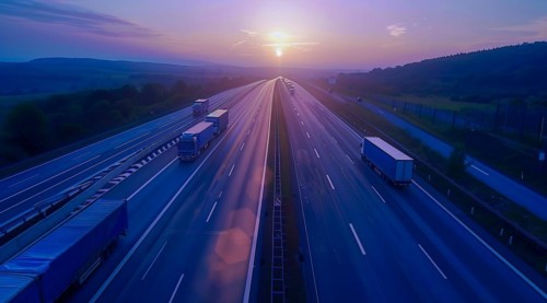 Long haul container truck carrying commercial cargo delivery between cities on a freeway, AI