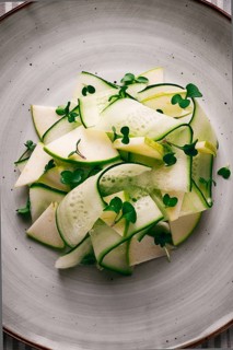 Spring, green salad, cucumber with apple, top view, close-up, no people, microselen radish, healthy