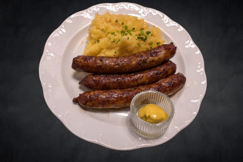 Three Franconian sausages with Sinapis on a dark background, Franconia, Bavaria, Germany, Europe