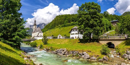 Church of St Sebastian in the Bavarian Alps Panorama in Ramsau near Berchtesgaden, Germany, Europe