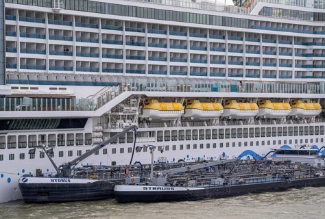 The cruise ship AIDA Prima is refuelled, moored at the Cruise Terminal Rotterdam, Netherlands
