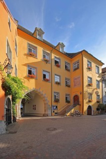 Orange town hall with archway, Meersburg, Obersee, Lake Constance, Lake Constance area,
