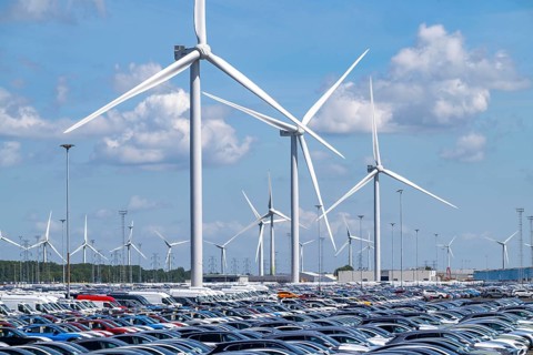 Storage area for new cars in the port of Vlissingen-Oost, vehicles are temporarily stored on over