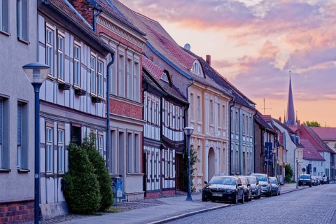 Weberstraße, a cobbled street with mainly half-timbered houses in the old town centre of Stendal in