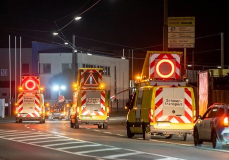 Transport of a 68 metre long, 22 tonne blade of a wind turbine, here in Schwelm, with a