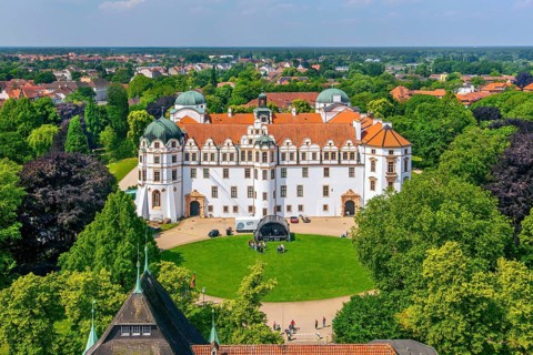 Castle park with castle. Celle, Lüneburg Heath, Lower Saxony, Germany, Europe