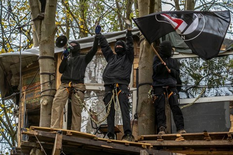 Tree houses with Antifa activists, protest action against the demolition of the village of