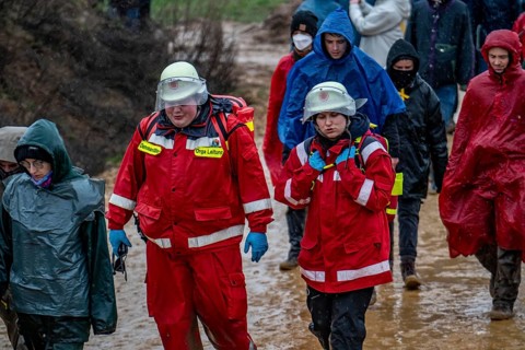 Many thousands of demonstrators march after a demonstration against the demolition of the lignite