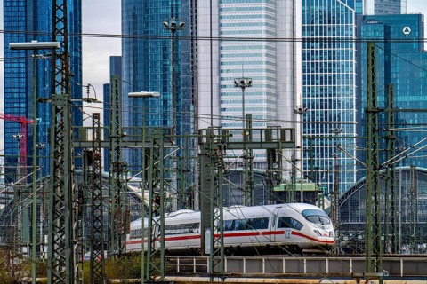 ICE train on the track in front of the main station of Frankfurt am Main, Skyline, Hesse, Germany,