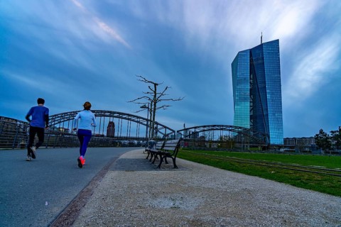 Building of the European Central Bank, ECB, on the Main in Frankfurt, park bench on the banks of