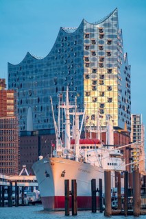 Port of Hamburg, museum ship Cap San Diego at the St. Pauli Landungsbrücken, Elbe Philharmonic