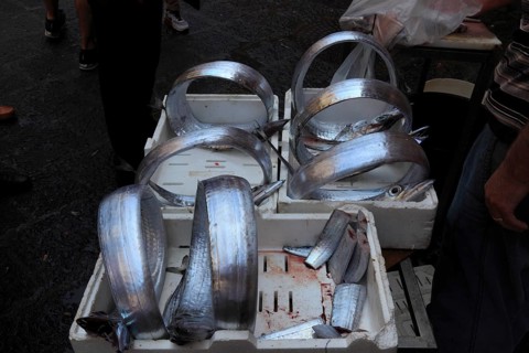 Silver scabbardfish at the historic Catania fish market, Catania, Sicily, Italy, Europe