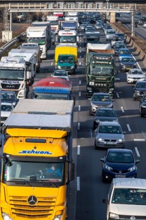 Traffic jam on the A3 motorway, at the Köln-Ost junction, heading south, four lanes jammed with