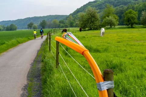 Fibre optic cable, freshly laid along a dirt track, at a paddock, awaiting further expansion,