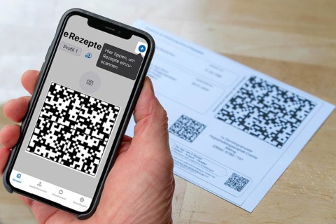 Symbolic image of an e-prescription, prescription issued by a doctor, with QR code, is scanned