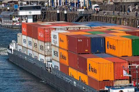 Container freighter, Milliennium II, as a coupling unit, on the Rhine, riverside promenade, from