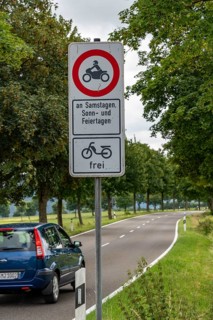 Prohibition sign, driving bans for motorbikes on weekends and public holidays, Eifel, Steckenborn,