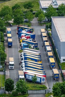 Truck, lorry, logistics company, logistics centre on the former Ewald colliery site in Herne, North