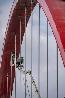 A42 motorway bridge, over the Rhine-Herne Canal, with massive structural damage, workers, with