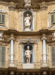 Facade representing summer season with statues of Philip II and Santa Ninfa, Quattro Canti,