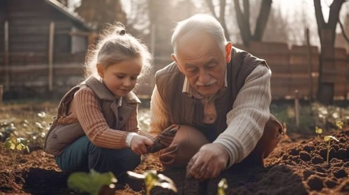 Elderly grandfather planting some spring plants with his granddaughter in the garden, generative