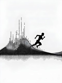 Wave of data points shaping into a runners silhouette, abstract illustration in black and white,
