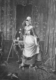 Domestic servant secretly trying on her mistress's slippers, A woman in period dress leans against