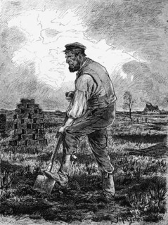 Farmer cutting peat, East Frisia, Lower Saxony, moor, work, spade, stack, house, plants, laborious,