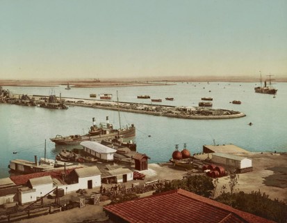 Port Tewfic, Entrance to the Suez Canal, Egypt, Historical, digitally restored reproduction from a