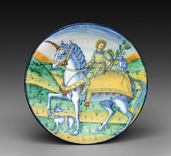 Plate, Man riding a unicorn, circa 1510, circle by Jacopo Caffagiolo Italy . Tin-glazed