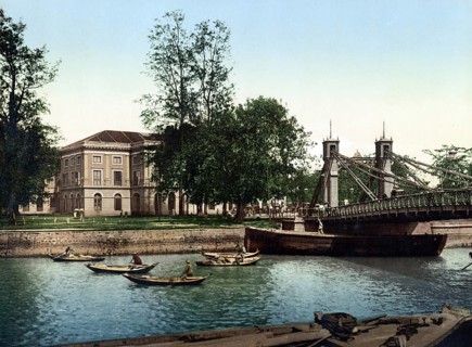 Singapore, Cavenagh Bridge with Stamp Office, Historic, digitally restored reproduction from a 19th