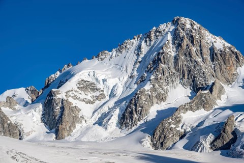 High alpine mountain landscape, summit of the Aiguille de Chardonnet and Glacier du Tour, glaciers