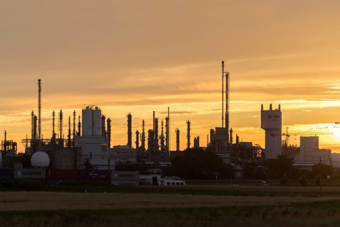 BASF, Lugwigshafen on the Rhine, industrial area, dusk, Mannheim, Baden-Württemberg, Germany,