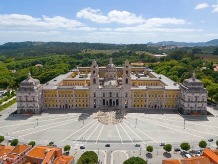 Aerial view of a baroque palace with symmetrical design, surrounded by a green landscape and