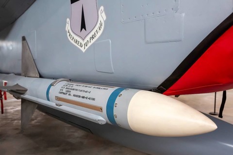 Pueblo, Colorado - An AIM-7 Sparrow air-to-air missile under the slogan 'Prepared to Prevail' on an
