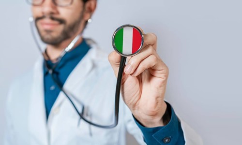 Doctor holding stethoscope with Italy flag. Italian Health and Care Concept, Italy flag on