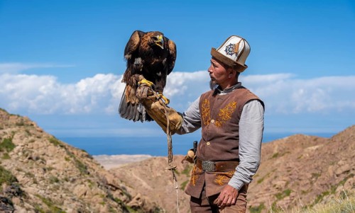 Traditional Kyrgyz eagle hunter with eagle in the mountains, near Kysyl-Suu, Kyrgyzstan, Asia
