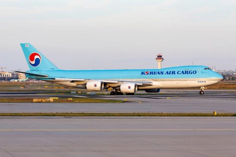 A Boeing 747-8F aircraft of Korean Air Cargo with the registration number HL7617 at the airport in