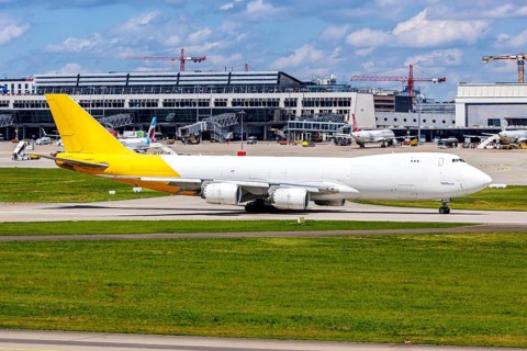 An Atlas Air Boeing 747-8F aircraft with the registration number N852GT at Stuttgart Airport,