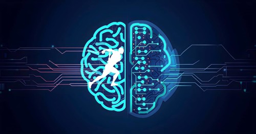 Abstract brain split into two halves, one side athletic motion, the other side neural network,