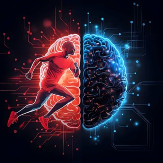 Abstract brain split into two halves, one side athletic motion, the other side neural network,