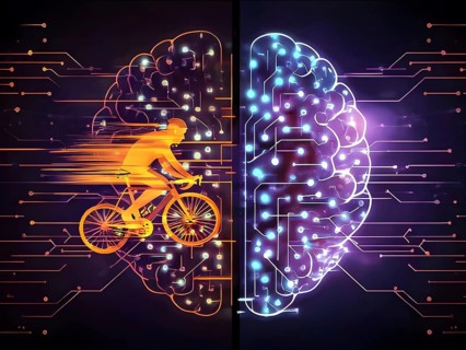 Abstract brain split into two halves, one side athletic motion, the other side neural network,