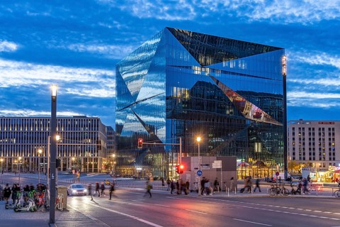 The modern Cube Berlin office building on Washingtonplatz at dusk, Berlin, Germany, Europe
