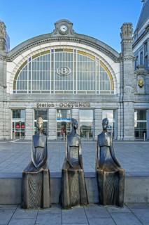 Sculpture group Fisherman's Wives at entrance of the Oostende railway station in the city Ostend,