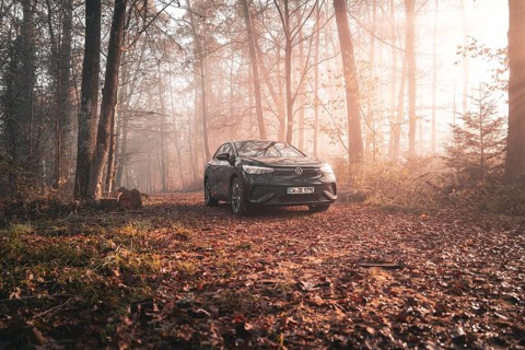 A Volkswagen stands on a path in an autumnal forest, surrounded by morning mist and golden light,