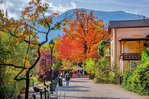 Winter promenade on the River Passer in autumn, Merano, Burggrafenamt, Adige Valley, South Tyrol,
